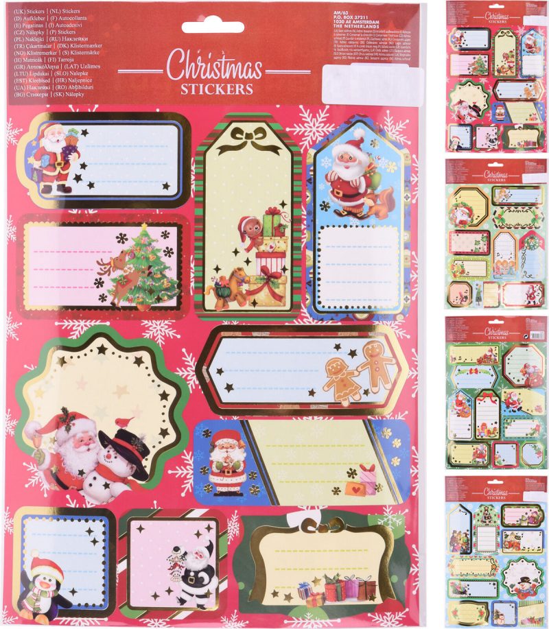 Geschenkstickers kerst 21x30cm 4 Assorti