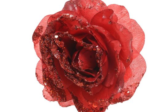 Bloem Roos met glitter op clip 14cm - Rood