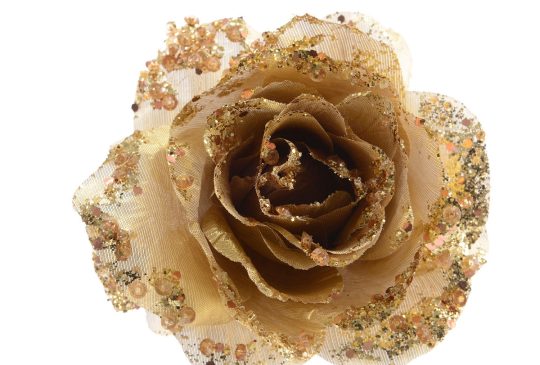 Bloem Roos met glitter op clip 14cm - Goud