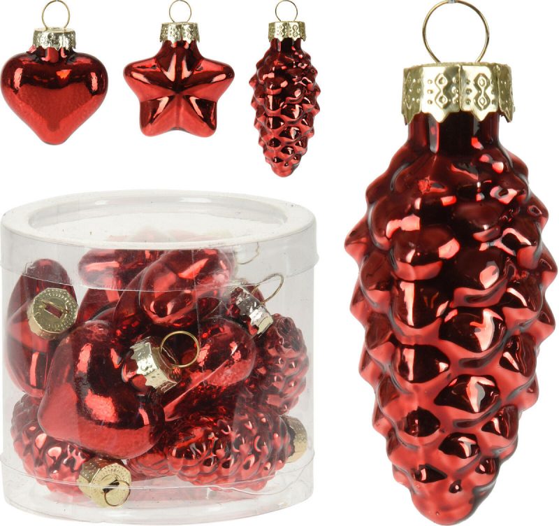 Kerstbal glas figuur 12 stuks assorti - Rood