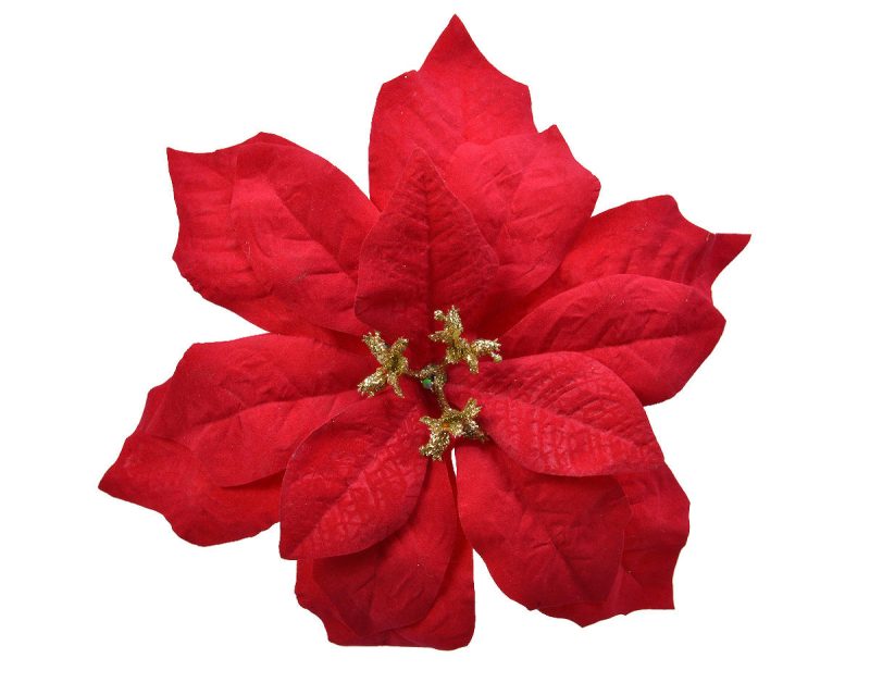 Bloem Poinsettia Velvet op clip 16cm - Rood