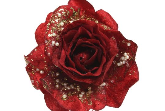 Bloem Roos met glitter op clip 13cm - Rood