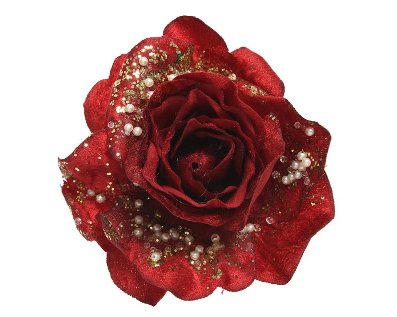 Bloem Roos met glitter op clip 13cm - Rood